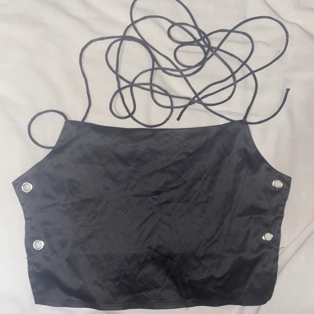 small, black, open-back, satin crop top